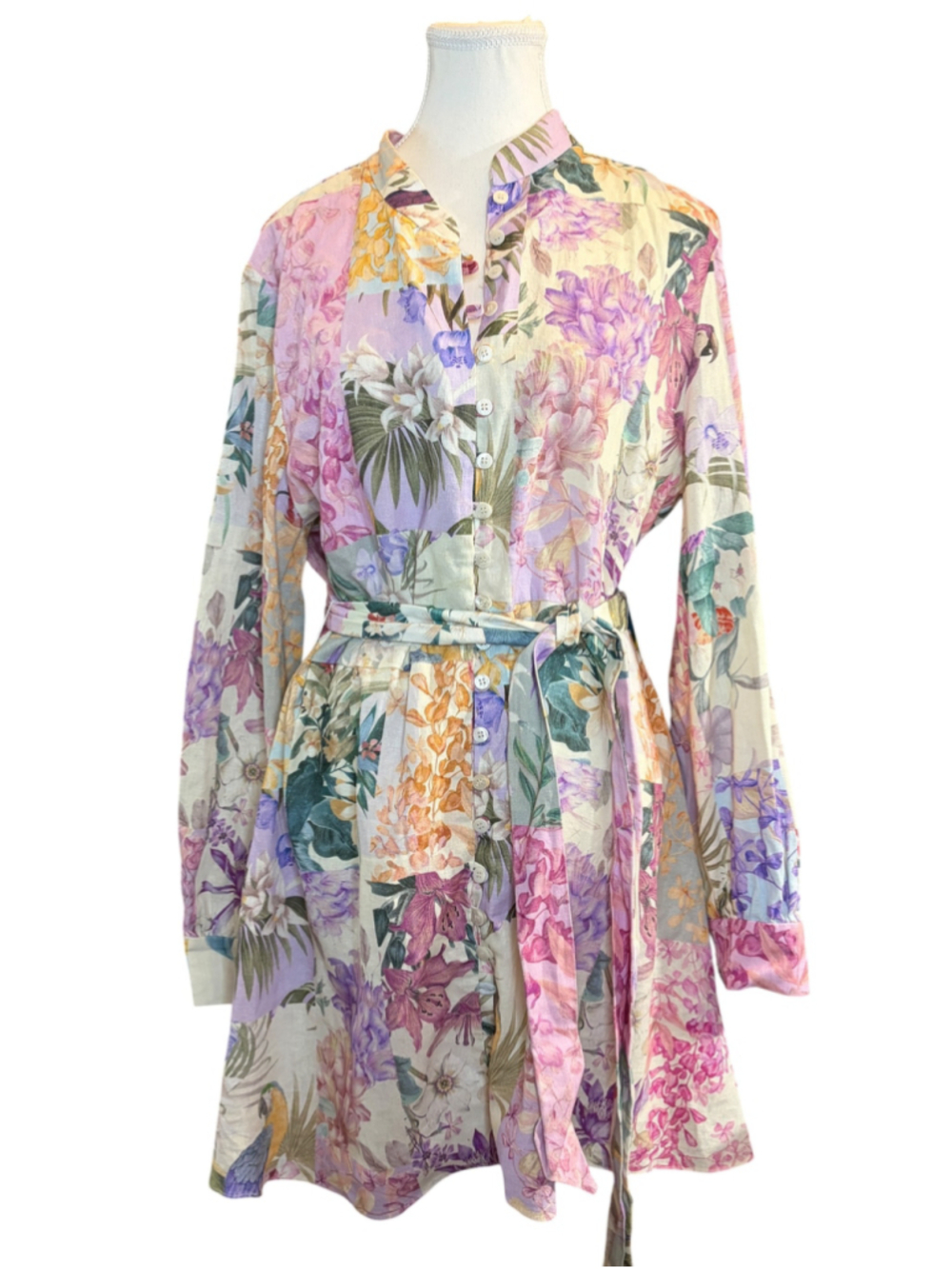 Zara Floral Linen Blend Shirt Dress XXL NWT Watercolor Botanical Button Front - Picture 2 of 8